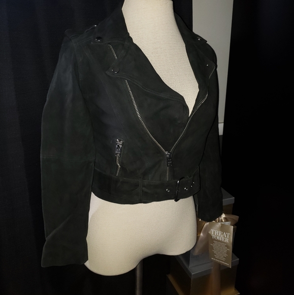 Lucky Brand Dark Green 100% Leather Suede Texture Moto Jacket Small Imperfection - Picture 2 of 10